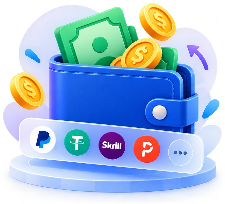 Wallet with cash and supported payment methods